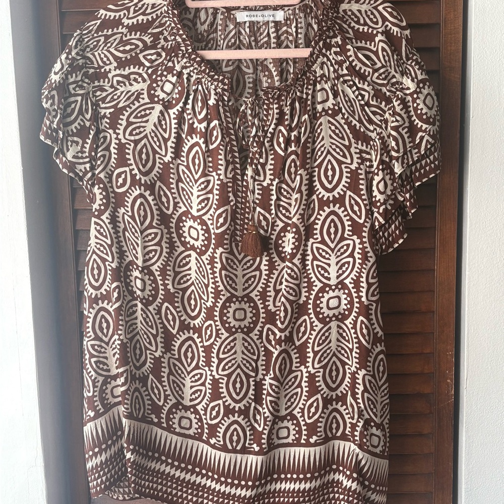 Rose & Olive Brown and Cream Leaf Print Blouse